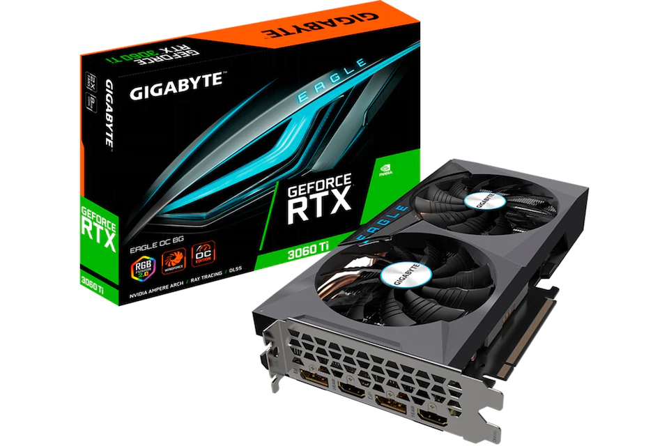 Die Grafikkarte Gigabyte geforce 3060ti eagle oc mit 8gb.